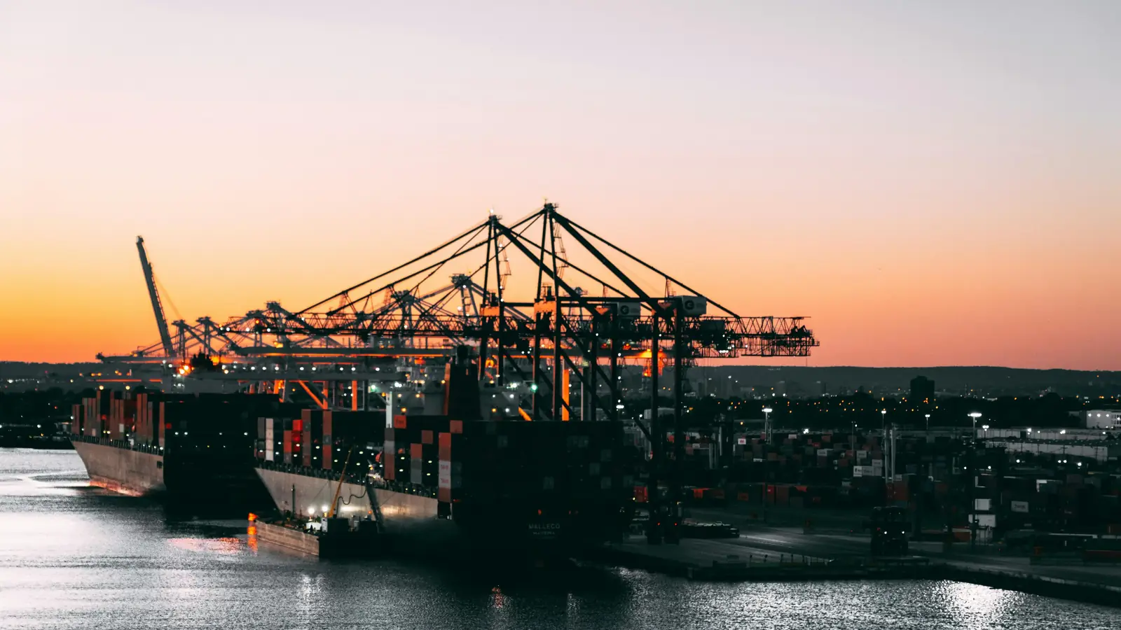 Container cranes standing over a quay at sunset.