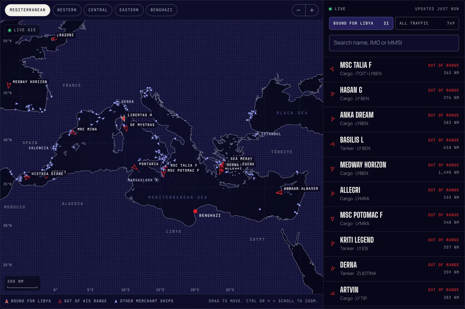 The vessel tracking page: a dark chart of the Mediterranean with ships bound for Libya in red, and a list of those ships beside it